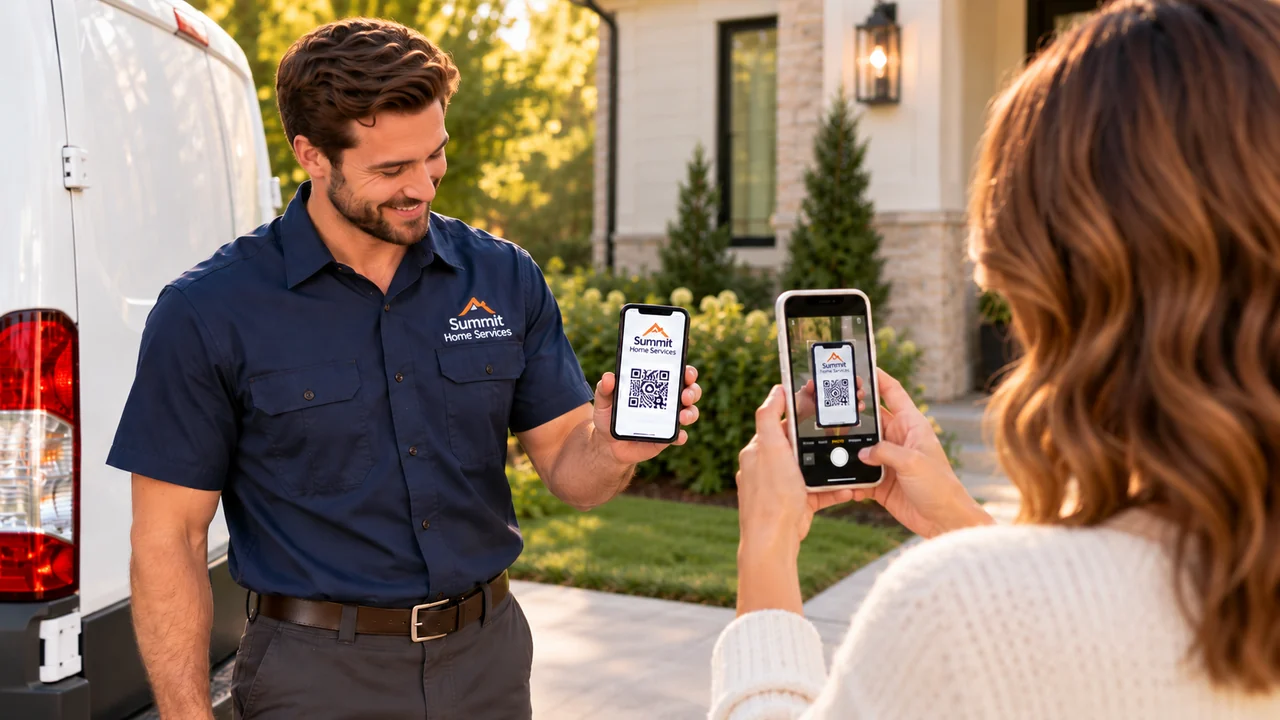 From behind the homeowner, she uses her own phone camera to scan the technician's Summit Home Services QR code as he stands by the white service van
