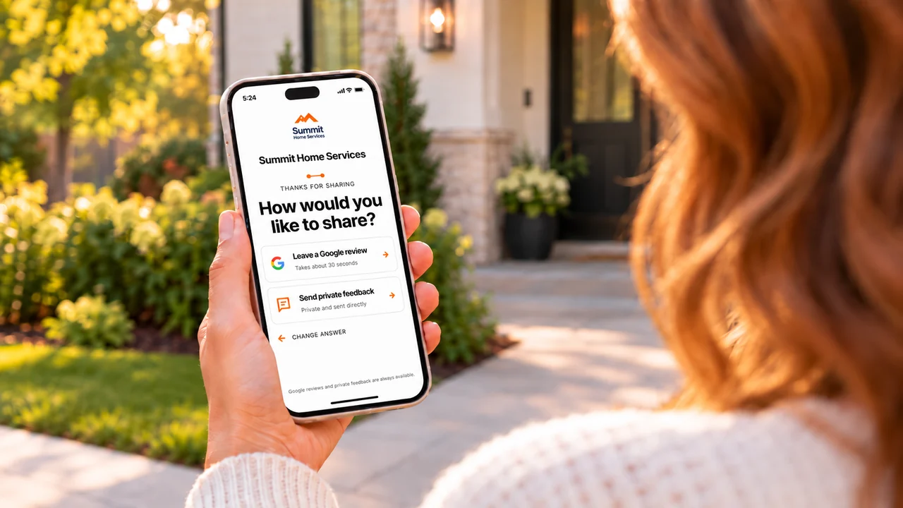 The homeowner sees Summit Home Services' branded Repmation page on her phone, with options to leave a Google review or send private feedback
